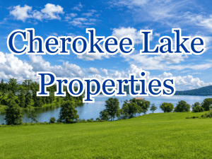 Banner reading 'Cherokee Lake Properties' over a sunny lakeside scene with green fields and a blue lake.